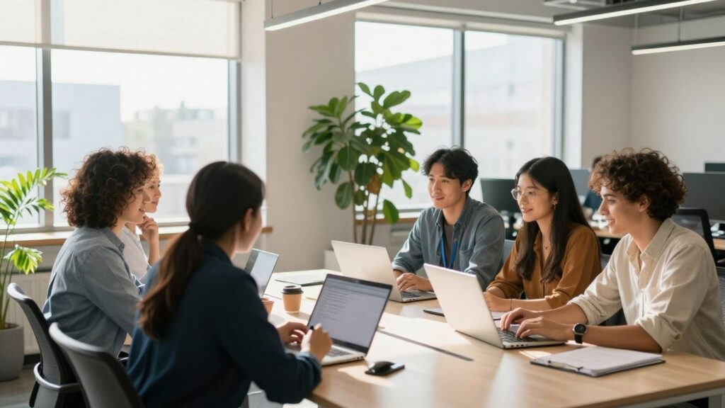 Business professionals collaborating in a bright, modern office.