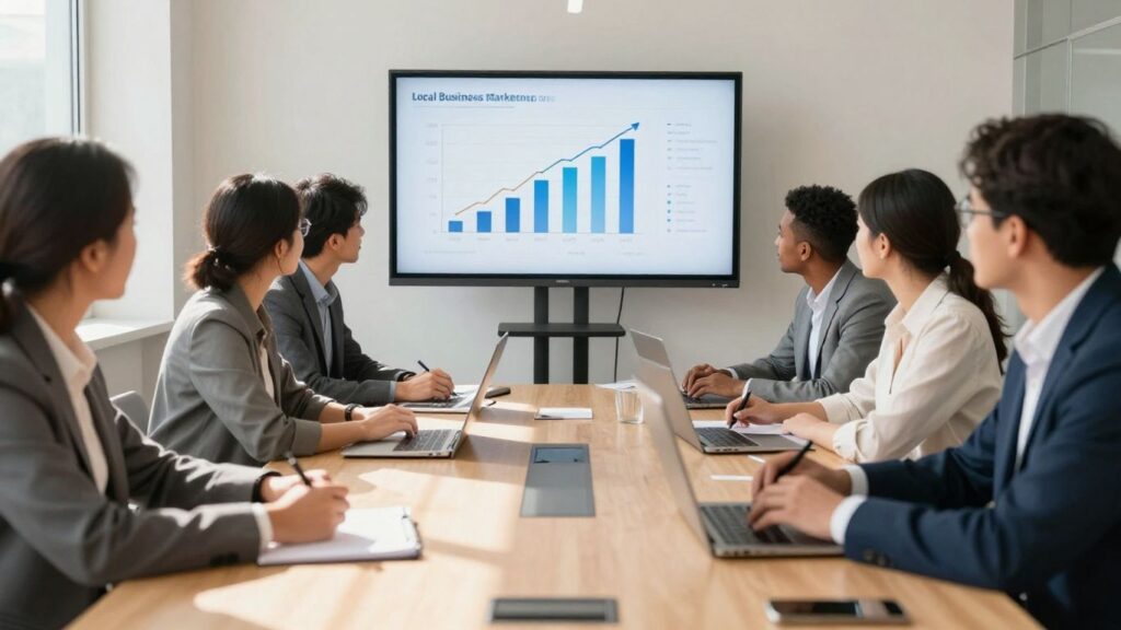Marketing team strategizing for local business growth.