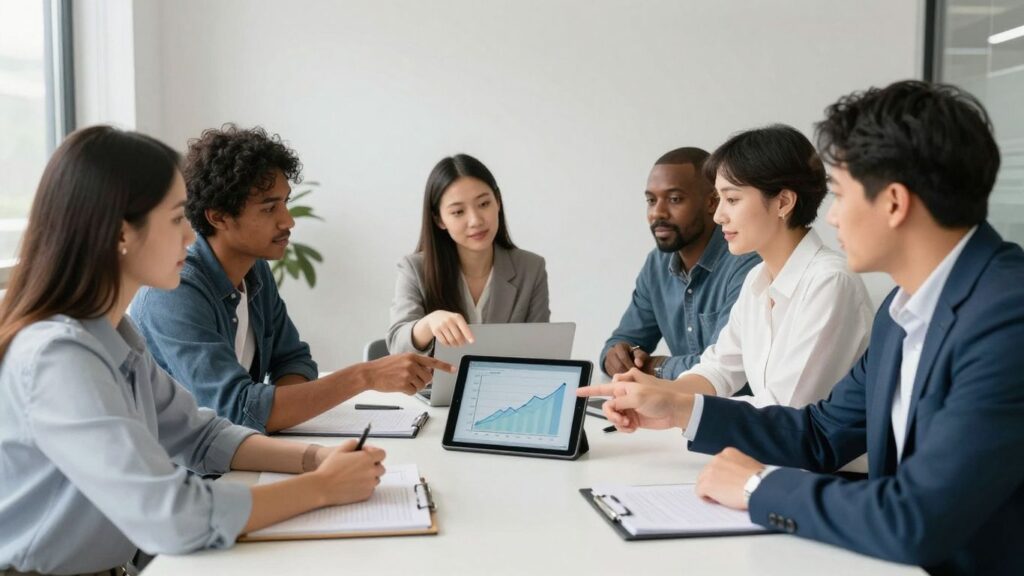 Business owners discussing marketing strategy with a digital tablet.