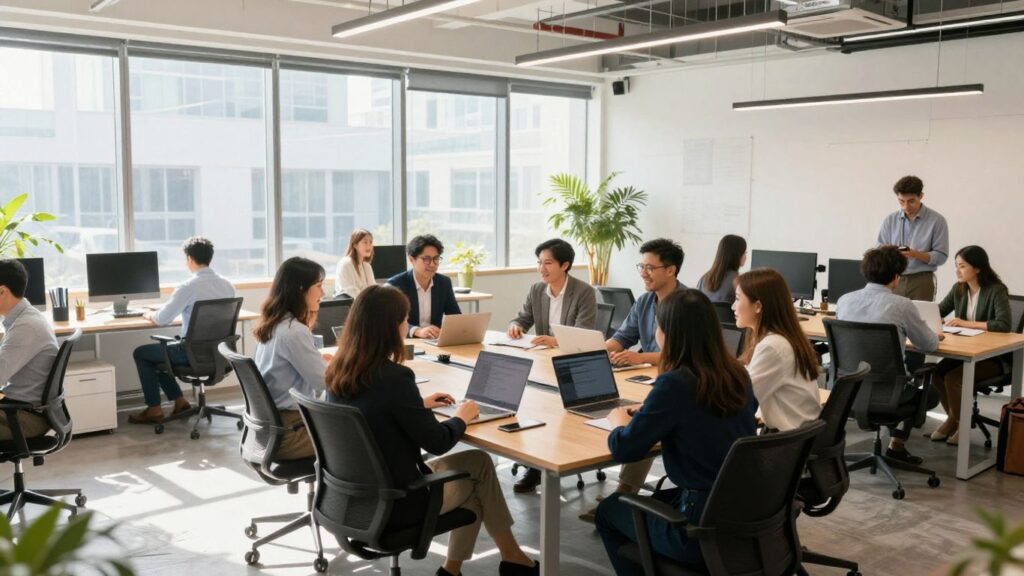 Team collaborating in a bright, modern office.