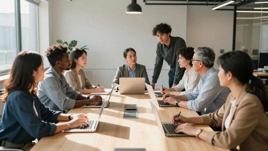 Marketing leaders collaborating in a modern office.
