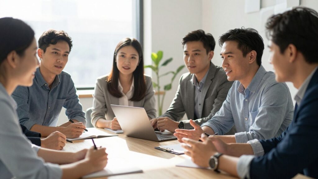 Business team collaborating on digital strategy